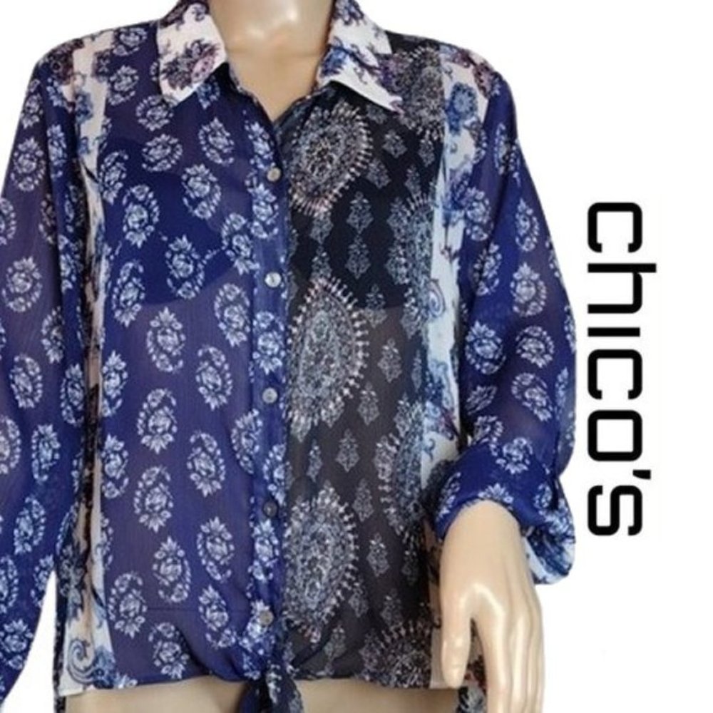 Chico's Tie Front Sheer Blue/White Blouse (Chico's Size 2 = L or Size 12…